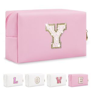 Small Personalized Initial A-z Patch Makeup Bag,pink Cute Pu Leather Glitter🐣